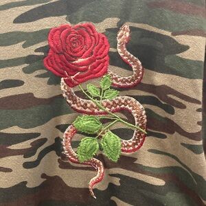 Camo Hooded Shirt with Embroidered Red Rose & Snake